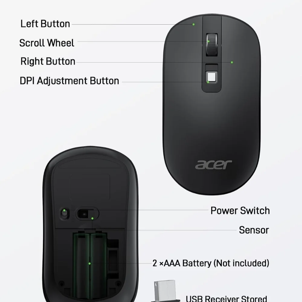 Acer Wireless Mouse, 2.4G Slim Portable Computer Mouse with USB Receiver